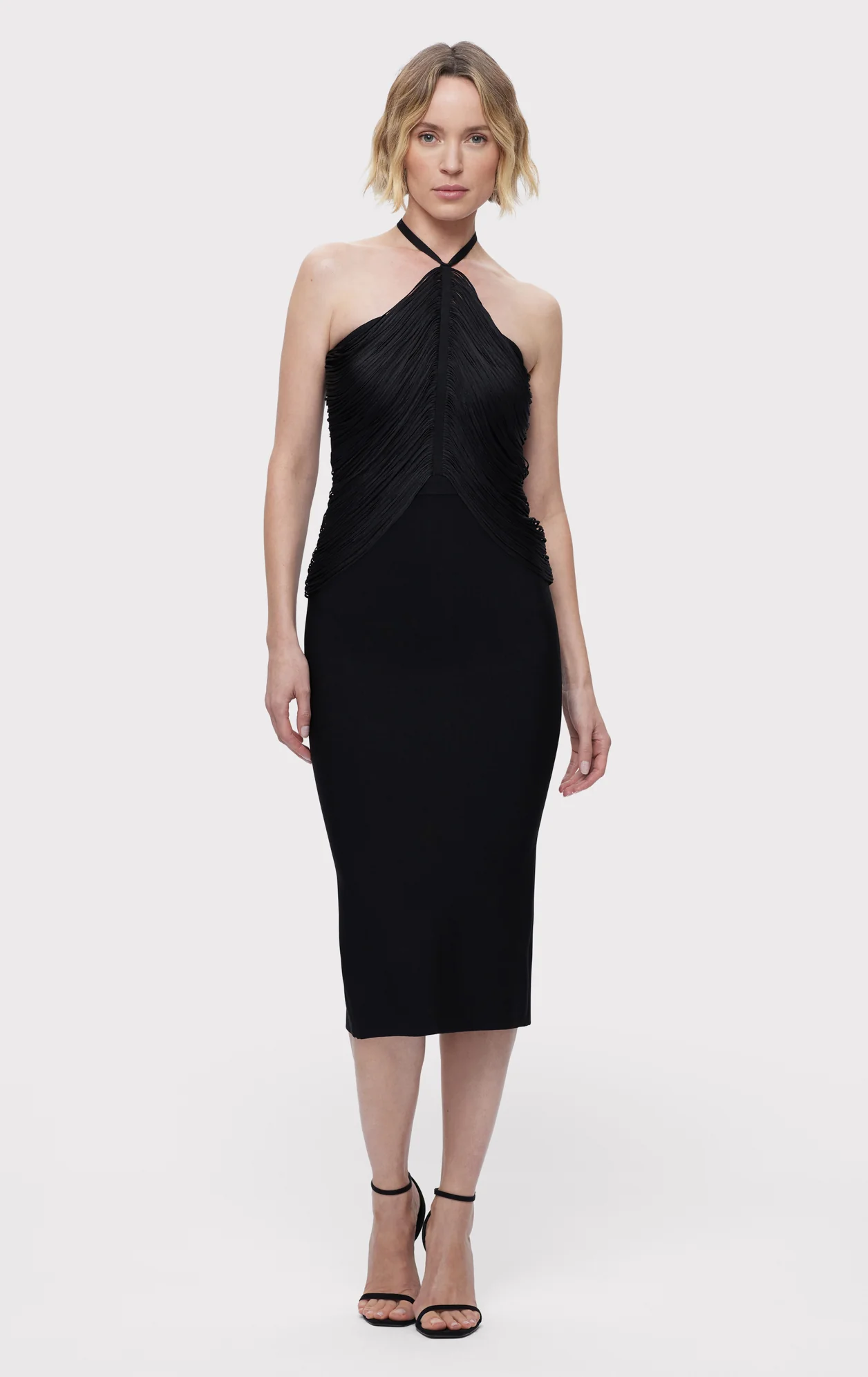 DRAPED HALTER FRINGE MIDI DRESS