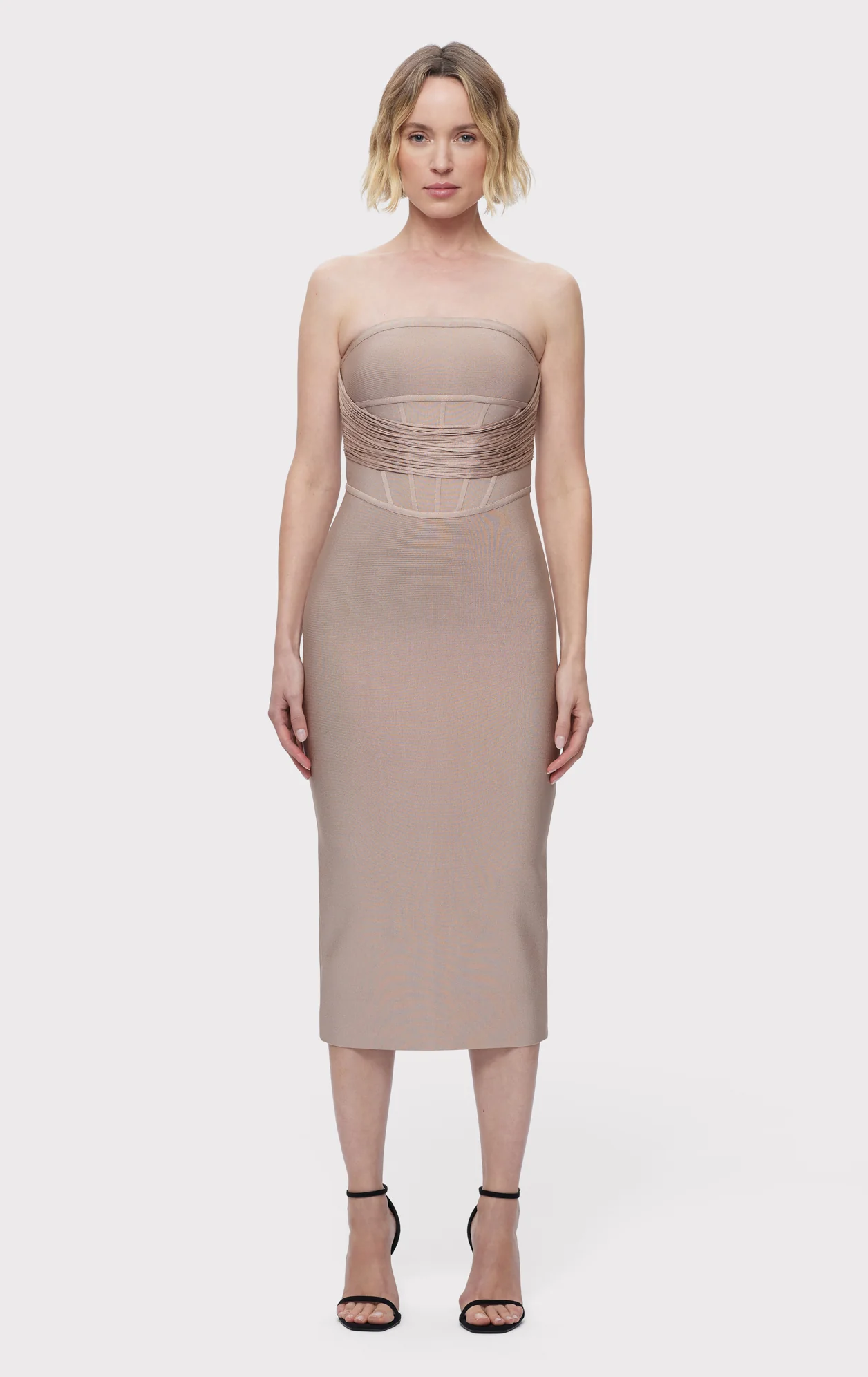 DRAPED STRAPLESS FRINGE MIDI DRESS