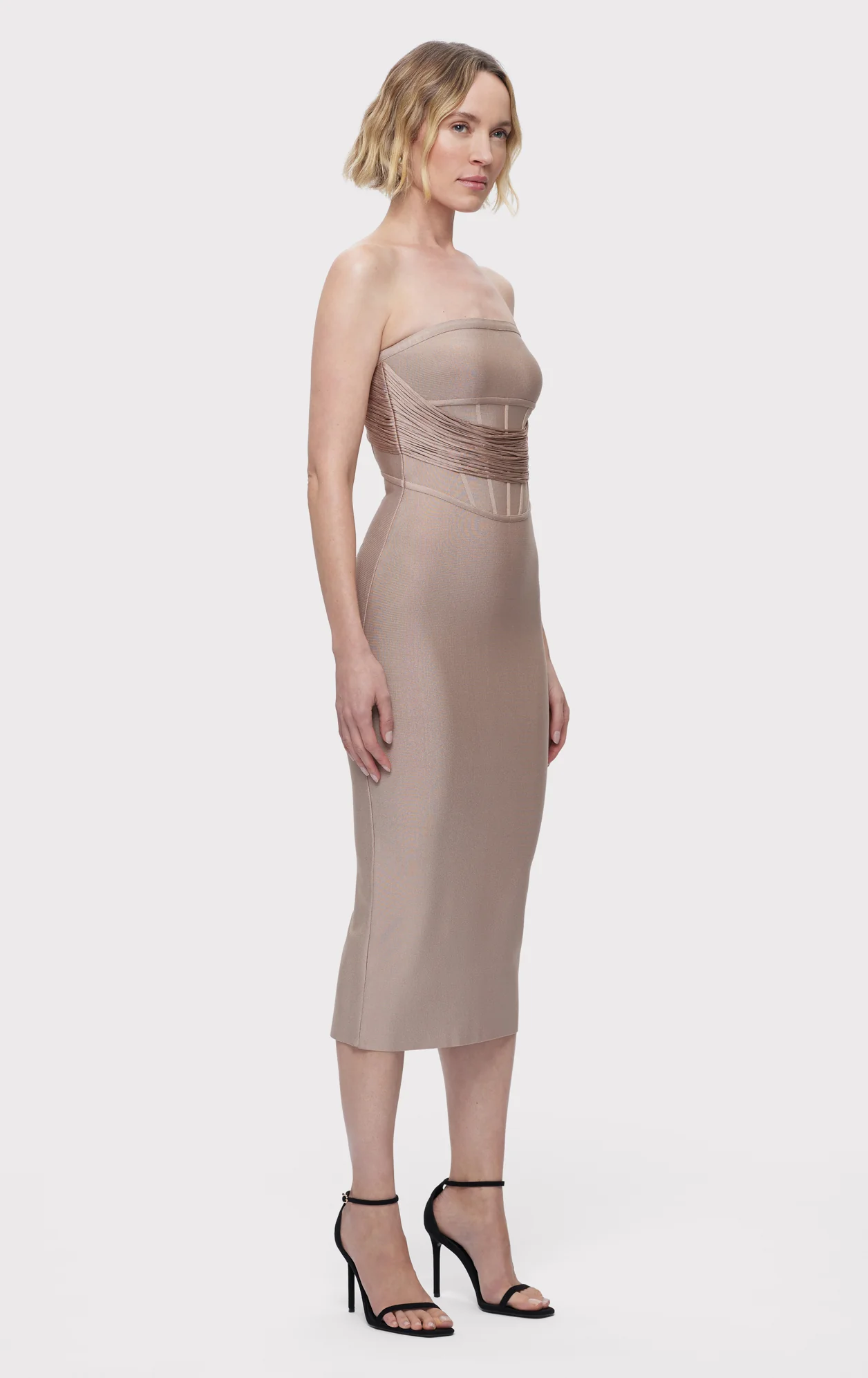 DRAPED STRAPLESS FRINGE MIDI DRESS - Image 3