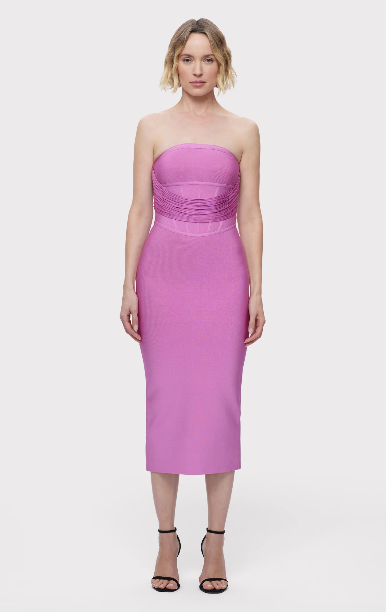 DRAPED STRAPLESS FRINGE MIDI DRESS - Image 2