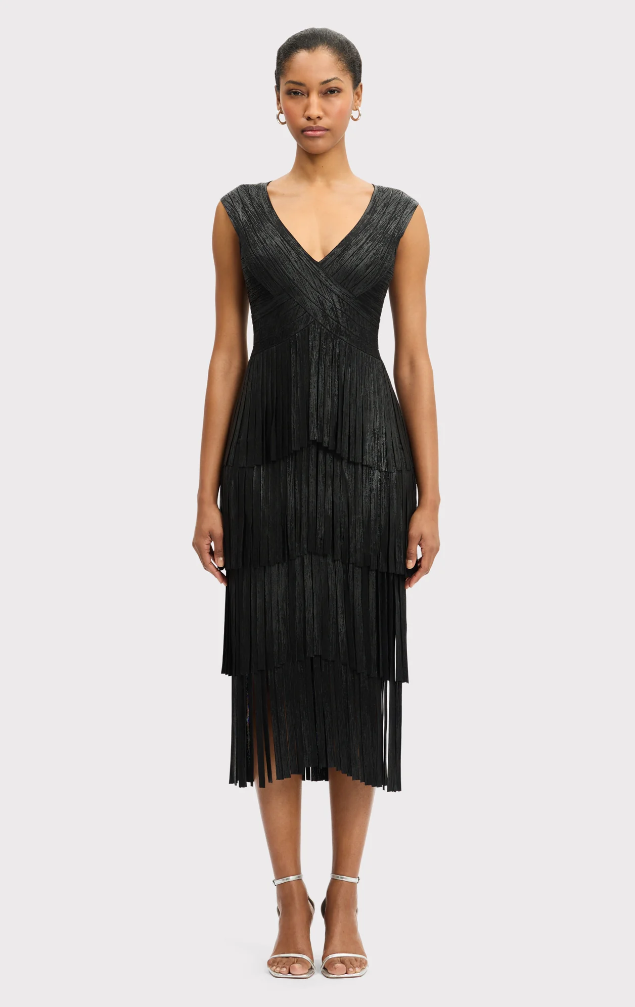 V NECK FOIL FRINGE MIDI DRESS - Image 3