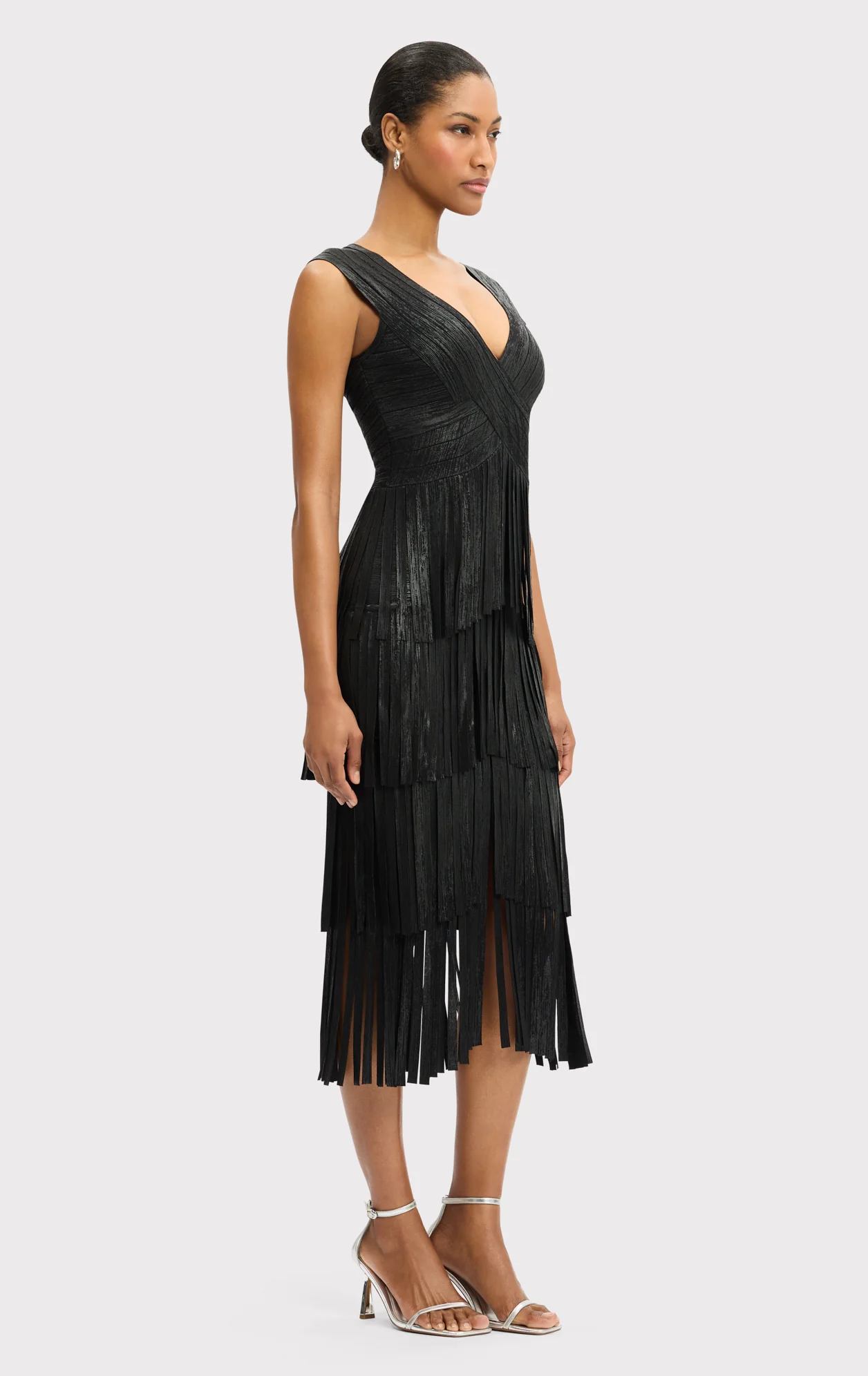V NECK FOIL FRINGE MIDI DRESS - Image 4
