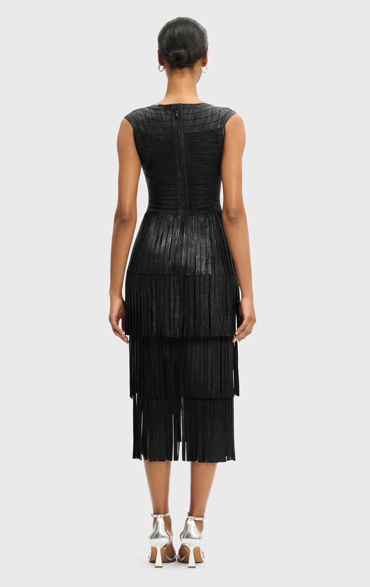 V NECK FOIL FRINGE MIDI DRESS - Image 5