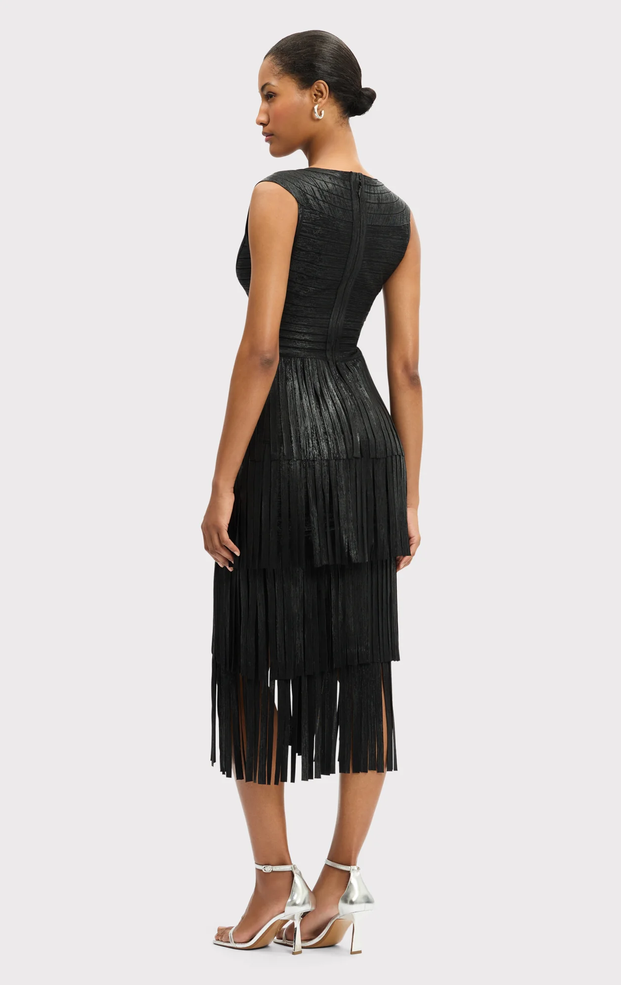 V NECK FOIL FRINGE MIDI DRESS - Image 6