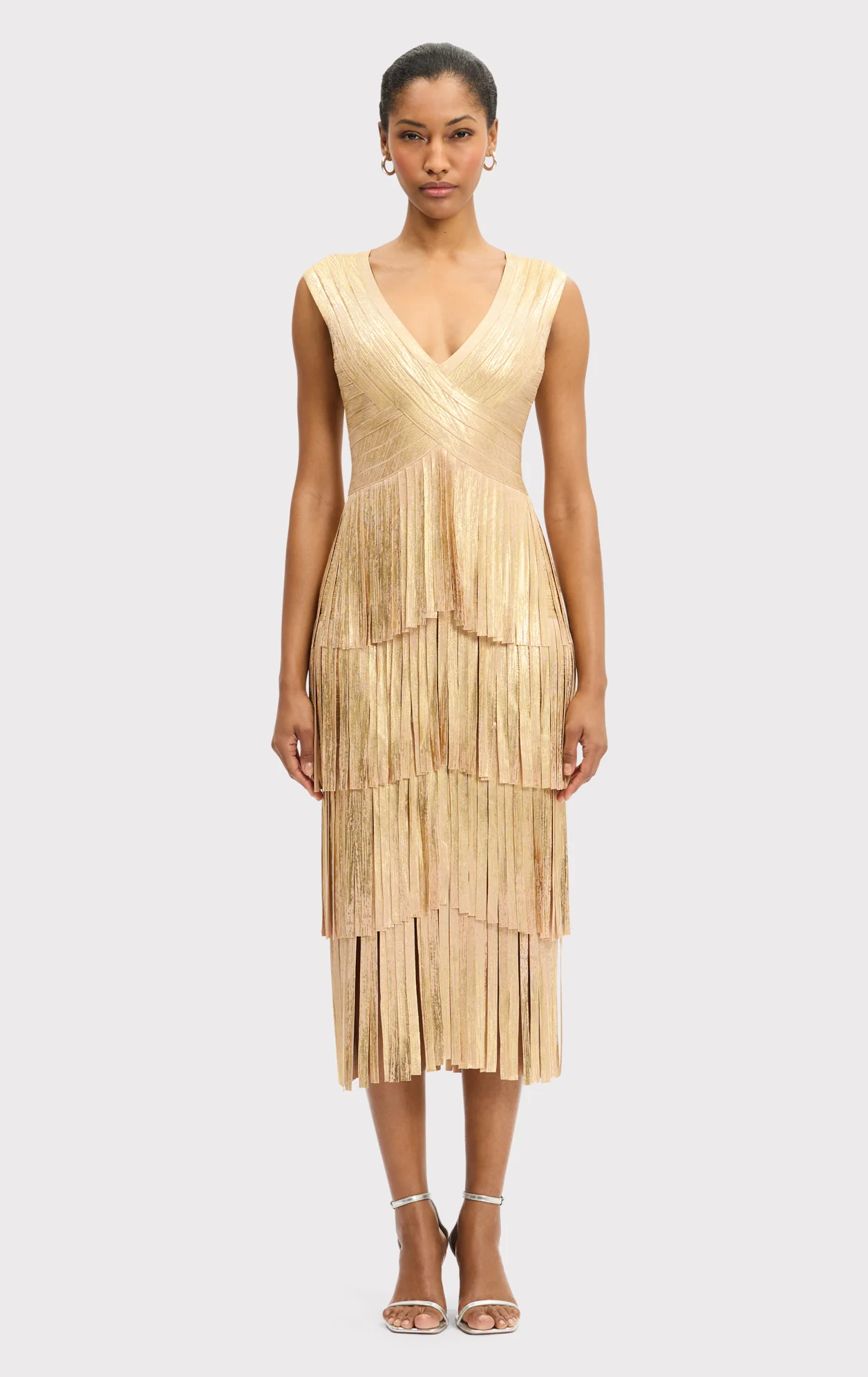 V NECK FOIL FRINGE MIDI DRESS