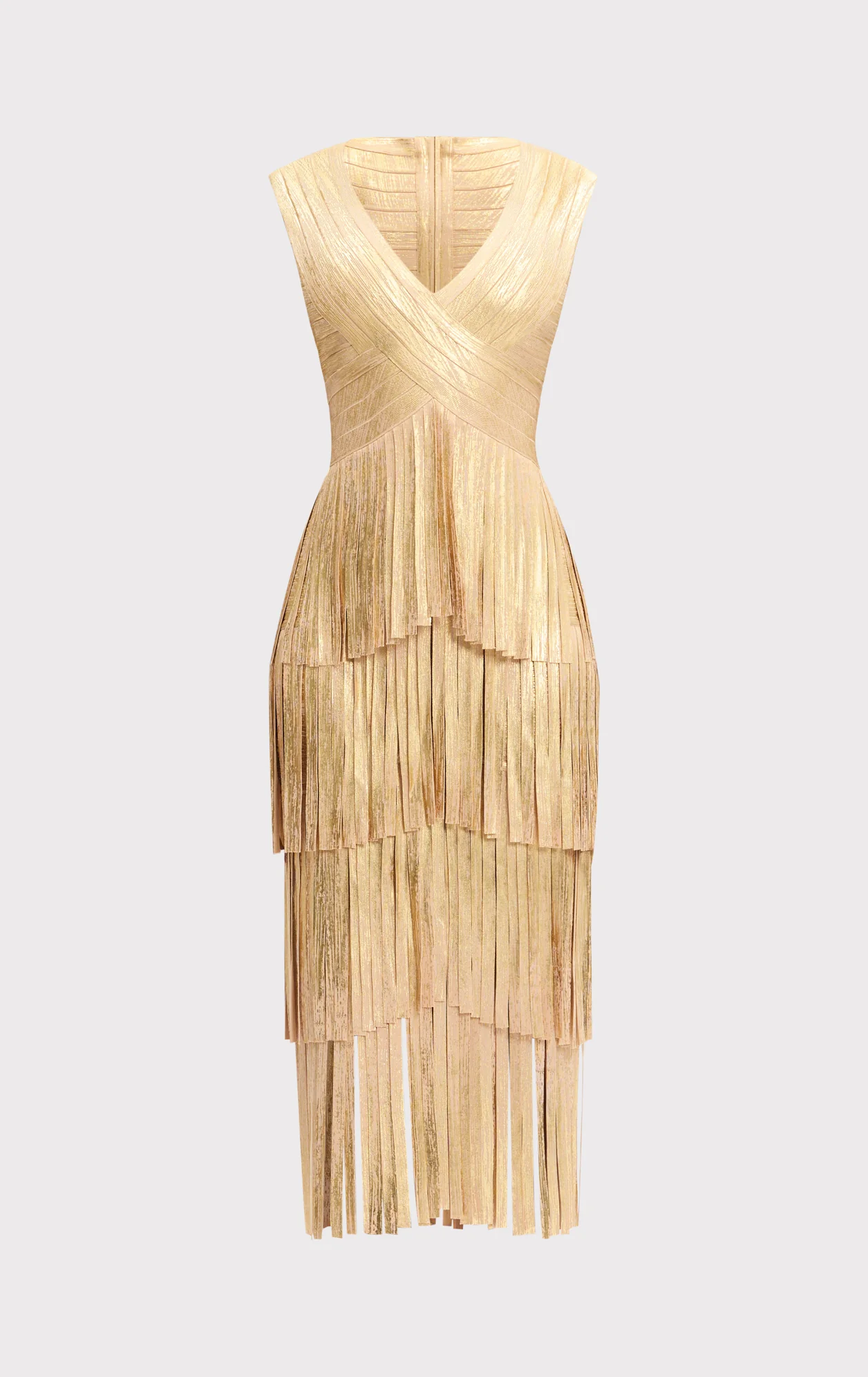 V NECK FOIL FRINGE MIDI DRESS - Image 2