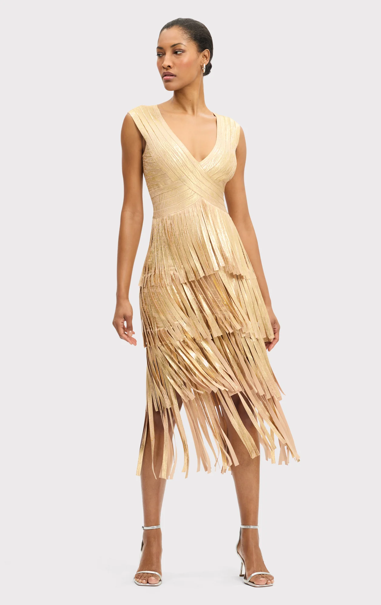 V NECK FOIL FRINGE MIDI DRESS - Image 3