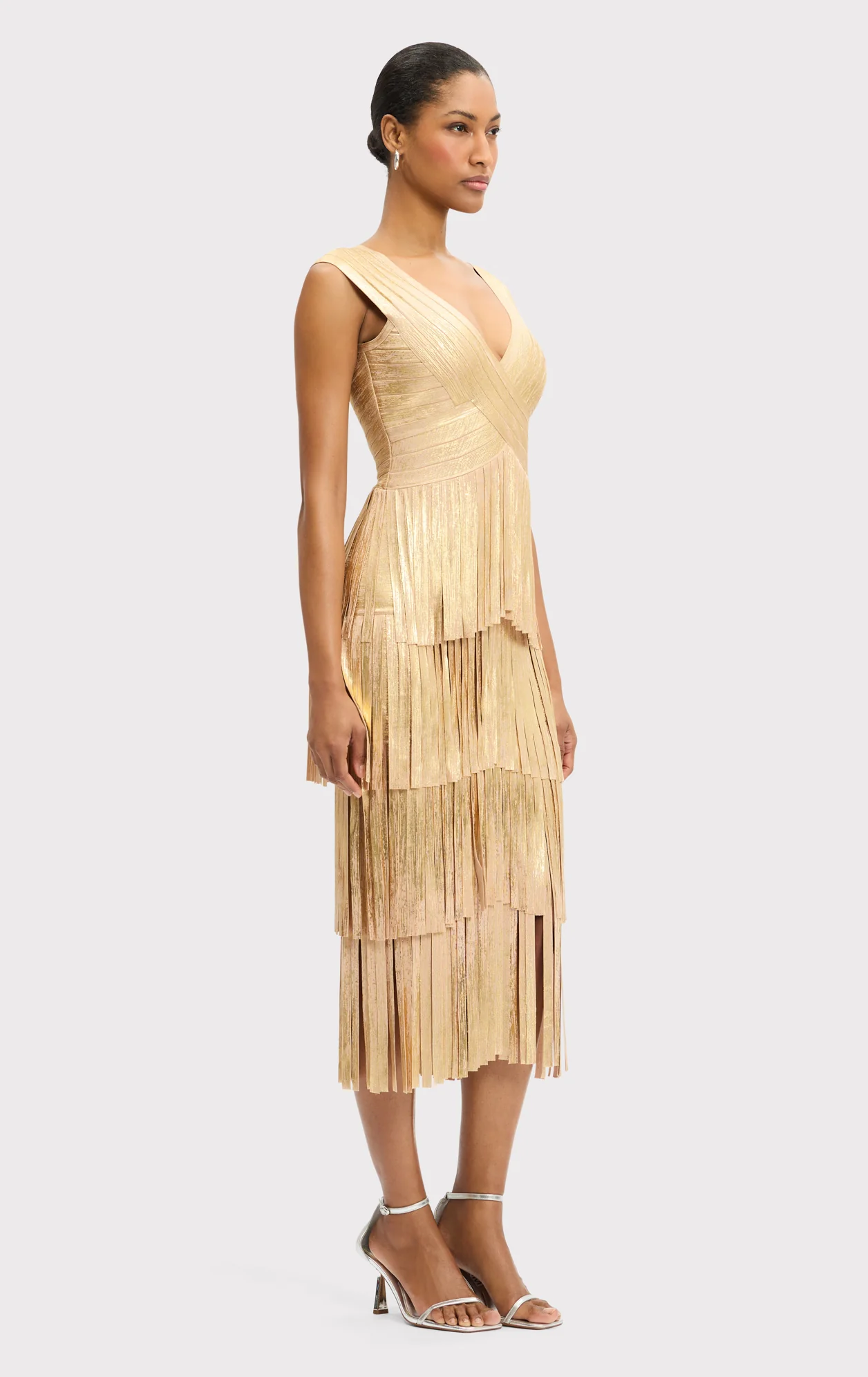 V NECK FOIL FRINGE MIDI DRESS - Image 4