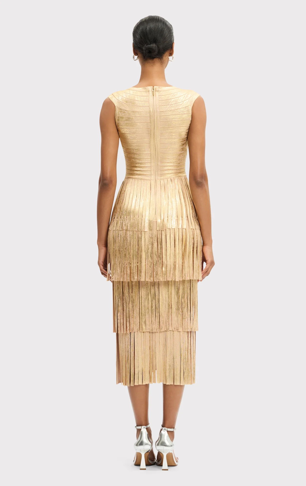 V NECK FOIL FRINGE MIDI DRESS - Image 5