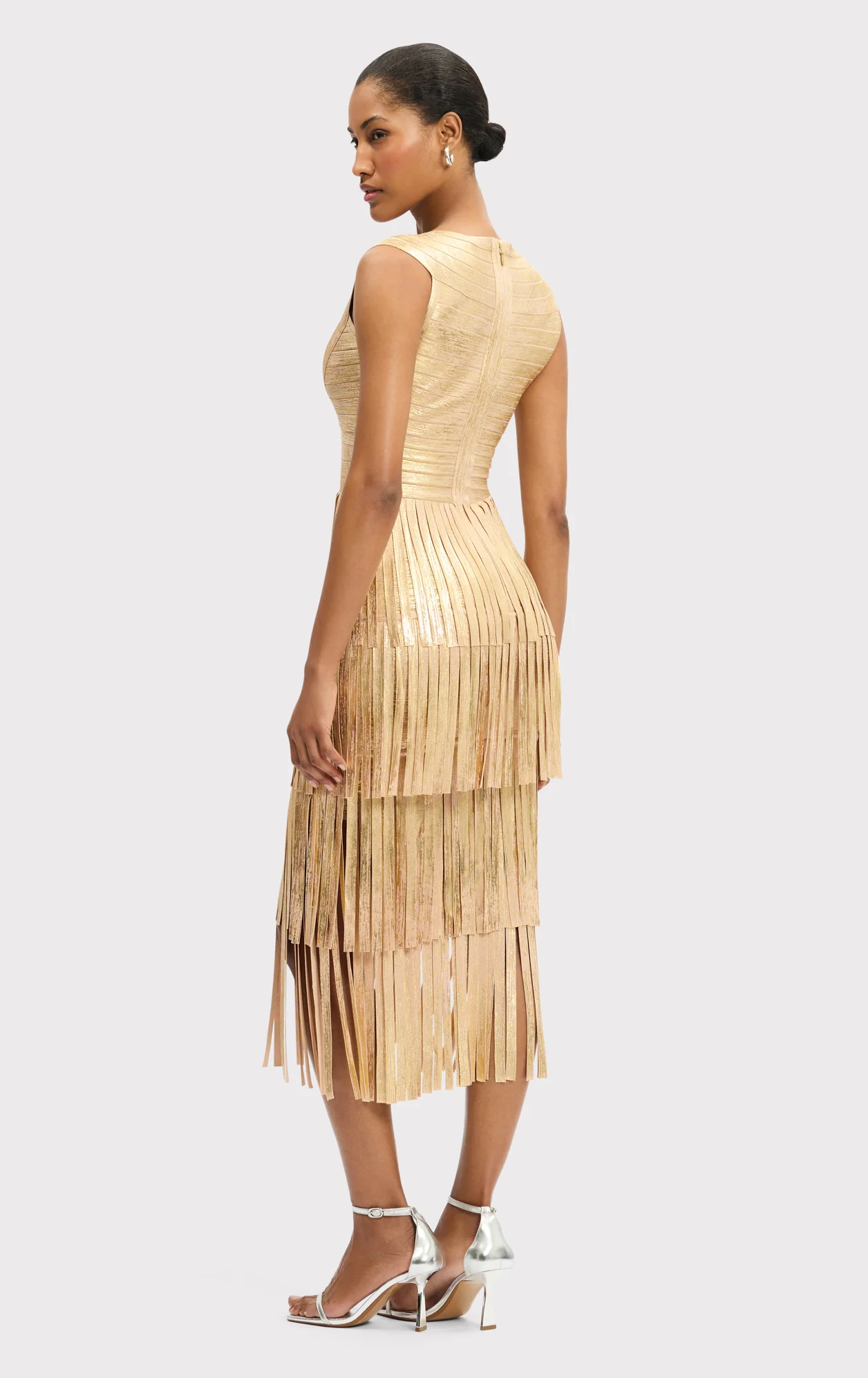 V NECK FOIL FRINGE MIDI DRESS - Image 6