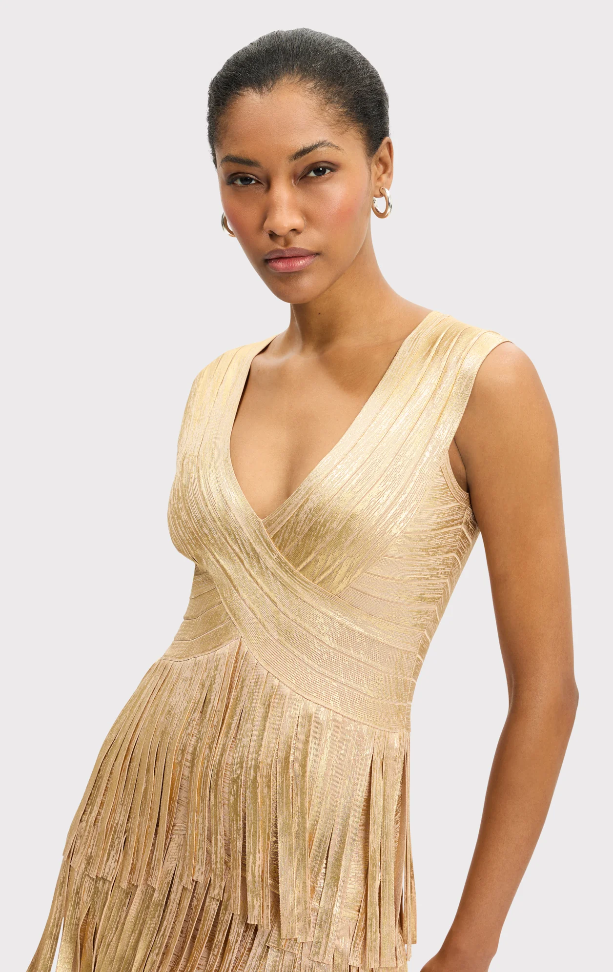 V NECK FOIL FRINGE MIDI DRESS - Image 7